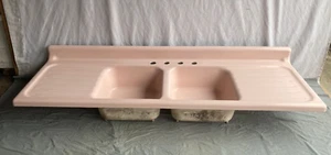 Vtg Mid Century Coral Pink Porcelain Double Basin Drainboard Farm Sink 165-25E - Picture 1 of 20
