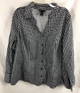 Lane Bryant Womens Size 28 Houndstooth Blouse Black White Button Front B21*N - Picture 1 of 6