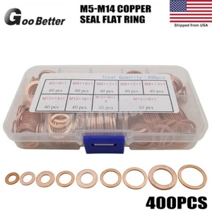 400PCS Washer Solid Copper Crush Gasket Set Flat O-Ring Seal Assortment Kits US - Bild 1 von 8