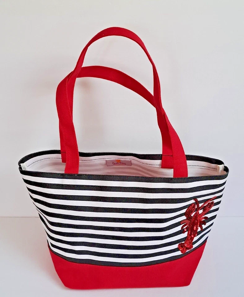 Bolso de Playa Náutico Quacker Factory Bolso de Lona Rayas Lentejuelas Langosta Usado Foto 1 de 4