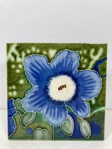 BENAYA Hand Crafted BLUE POPPY Floral Art Ceramic Tile Wall Or Table Plaque 6" - Picture 1 of 4
