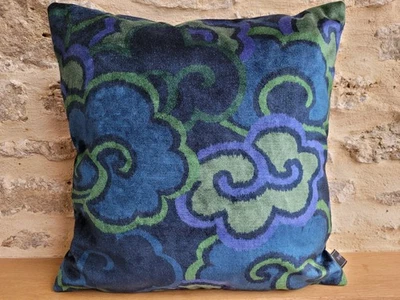 Linwood Omega Oriental Print Kimono Dreams Navy Moss & Blue Velvet Cushion Cover - Image 1 of 4