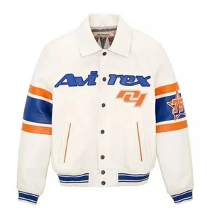 New Men's Avirex York White American Flight Style Real Leather Bomber Jacket - Picture 1 of 4