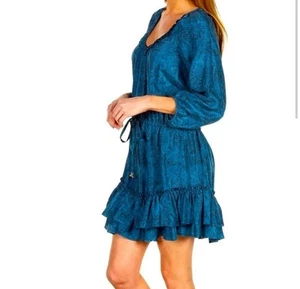 Rebecca Taylor Silk Mini Dress Size 2 Blue Snakeskin Ruffles Waist Tie Tassels - Picture 1 of 13