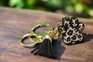 Brown Leopard Paw Print Keychain with Tassel & Gold Heart - Picture 1 of 2