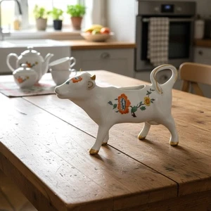 Vintage Porcelain Cow Orange Floral Creamer 6.75” MADE IN FRANCE Gold Trimmed - Picture 1 of 13