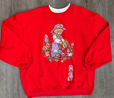 Sudadera De Colección Años 80 90 Edición Básica XL Oso de Peluche Rojo Cottagecore Granny NUEVA Foto 1 de 4