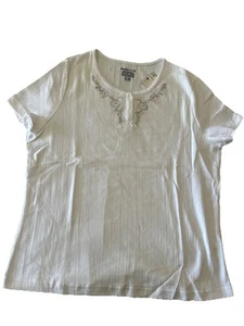 BASIC EDITIONS White Embroidered Trim Henly Neckline Ribbed T-shirt Size XL - Picture 1 of 6