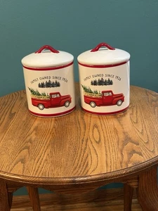 Pre Owned (2) Winter Wishes Red Pick Up Truck Storage Jars With Lids - Picture 1 of 6