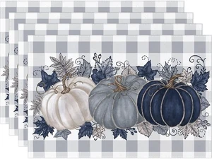 Fall Thanksgiving Placemats Set of 4,Buffalo Plaid Blue 12x18 Inch, Blue1  - Picture 1 of 7