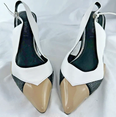White House Black Market Leather Pointed Toe Slingback Heels 8M Black Tan White - Image 1 of 4