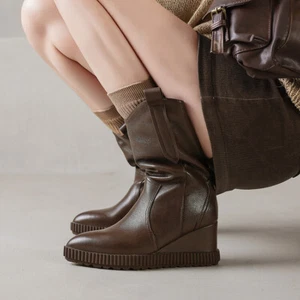 Para mujeres Moda Cuero Punta puntiaguda Tacón de cuña Pull On Medio Pantorrilla Botas Zapatos JWKL - Imagen 1 de 14