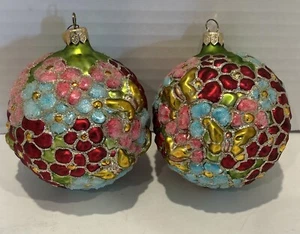 Vintage Blown Glass 3.25” 3D Flower Ball Christmas Ornament Dept 56 Lot Of 2 - Picture 1 of 5