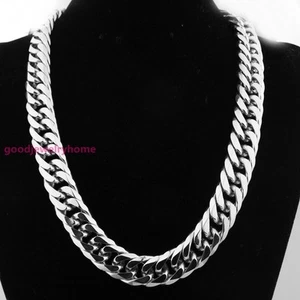 HEAVY 20mm Silver Cut Curb Cuban Link Chain 316L Stainless Steel Men's Necklace - Picture 1 of 6