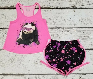 JUSTICE 10 Girls Pink Panda Tank Top, Black Paint Splatter Athletic Shorts 10 - Picture 1 of 4