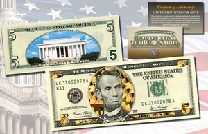 $5 Currency Dual Overlay * GOLD HOLOGRAM & POLYCHROME COLOR * $5 US Bill 2-Sided - Picture 1 of 3