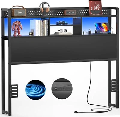 Homieasy Headboard with Power Outlets ＆ RGB LED Light ＆ Storage Shelf ＆ Pegboard - Image 1 of 4