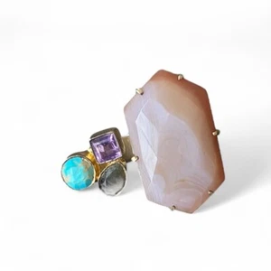 NWT Kanupriya HSN 925 gold plated chunky boho agate turquoise amethyst ring 8 - Picture 1 of 12