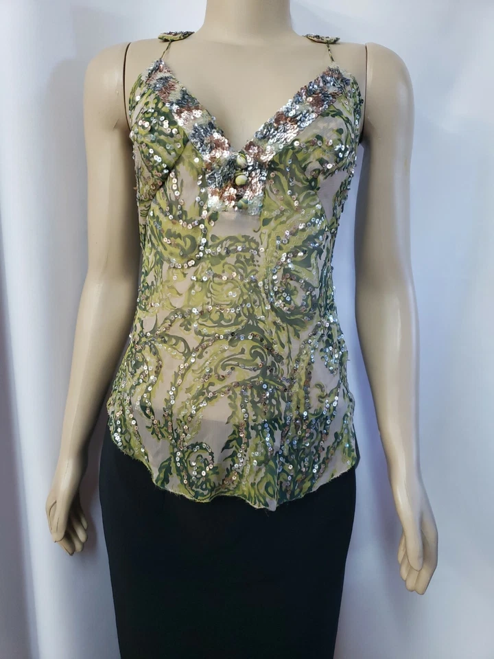 Top para mujer Alessandro Dell Acqua seda lentejuelas talla 40 EE. UU. 6 sin mangas verde #CB3 Foto 1 de 4