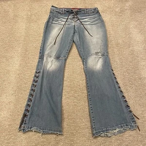 Vintage Bongo Jeans Juniors 11 Denim Lace Up 90s Y2K Low Rise Flare Distressed - Picture 1 of 21