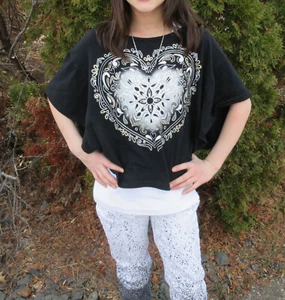 JUSTICE 10 Girls Black Glitter Lace Heart Batwing Shirt Top 10 EUC - Picture 1 of 6