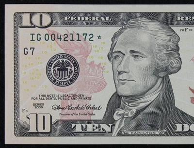 $10 2006 Gem CU Star Federal Reserve Note IG00421172* ten dollar, Chicago, 640K - Image 1 of 3