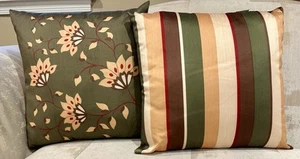 Pier 1 Set 2 Pillows Zip 17" Brown Yellow & Sage Floral Stripe x2 Sides - Picture 1 of 5