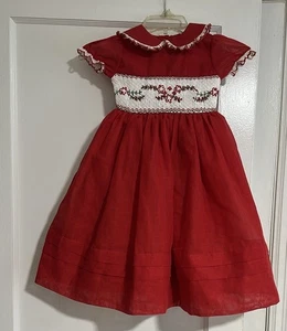 Nido De Abeja Red Dress Girls Sz 3 Smocking Embroidered Peter Pan Collar Puffy - Picture 1 of 15