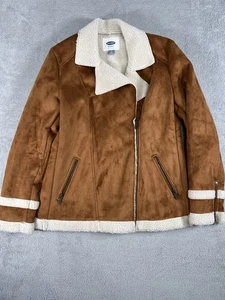 Vecchia giacca marina donna M marrone sherpa foderata ecopelle scamosciata moto zip asimmetrica - Foto 1 di 11