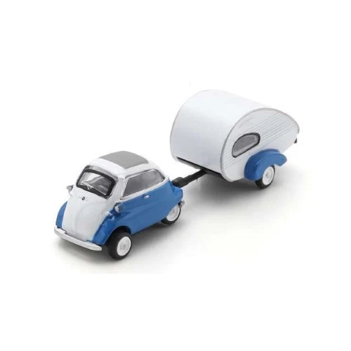 BMW ISETTA CON CARAVAN BLUE 1955  DIE CAST 1:87 Schuco Campers-Roulottes Modelli - Immagine 1 di 1