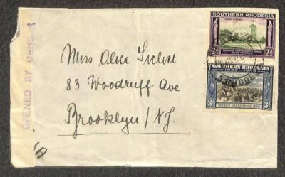 RODESIA DEL SUR 59 Y 60 SELLOS SEGUNDA GUERRA MUNDIAL MILITAR A NUEVA YORK CUBIERTA CENSURADA 1942 Foto 1 de 2