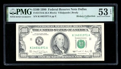 DBR 1990 $100 FRN Dallas Fr. 2173-K PMG 53 EPQ Serial K14031971A - Image 1 of 2