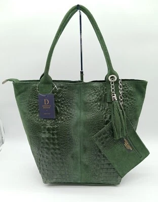 Bolso de Hombro Italiano Cuero Gamuza Cocodrilo Repujado Hecho en Italia - Verde Foto 1 de 4