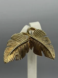 Givenchy Vintage Pierced Big Earrings Brushed Gold Tone Palm Leaf Tropic Rare - Picture 1 of 11