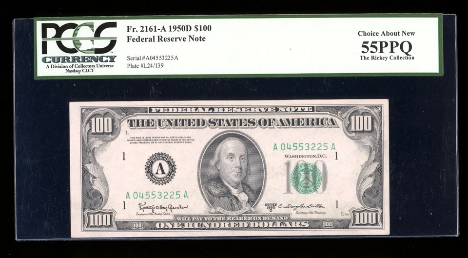 DBR 1950-D $100 FRN Boston Fr. 2161-A PCGS 55 PPQ Serial A04553225A - Image 1 of 2
