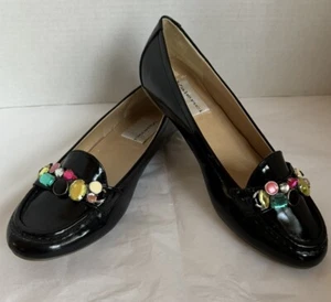 NWOB A J VALENCI Black Patent LEATHER Rhinestone Embellished Flats Size 8 1/2W - Picture 1 of 13