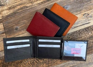 Cowhide Leather Bifold Mens Wallet Trifold Flap Out ID Window Credit Card Holder - Picture 1 of 23