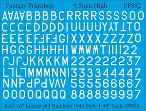 RAF Numbers & Letters 16" water slide transfers decal 1/48 for 1946- WHITE FP892 - Picture 1 of 3