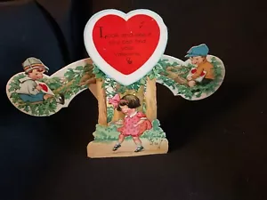 Biglietto San Valentino vintage cari bambini seduti sull'albero anni 20 Germania dodicesimo - Foto 1 di 4