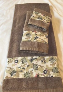 Military Marine Bathroom Decor USA Fighter Jet Brown Beige Bath Towel 3 Pc Set - Picture 1 of 4