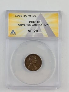 1937 Lincoln Wheat Cent - ANACS VF 20 - Obverse Lamination Error - Picture 1 of 4