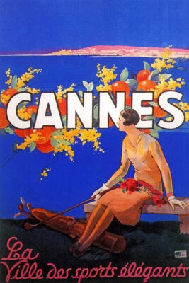 CANNES LA VILLE DES SPORTS ELEGANTS OCEAN WOMAN GOLF FRANCE VINTAGE POSTER REPRO - Image 1 of 3