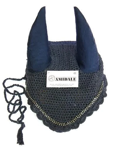 AMIDALE SPORTS OHRNETZ GEHÄKELT PFERD FLIEGENSCHLEIER MIT KRISTALLEN MARINEBLAU - VOLL, COB, PONY