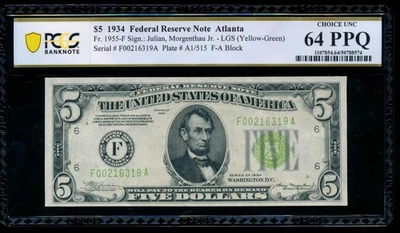 AC 1934 $5 Atlanta FRN PCGS 64 PPQ LGS Light Green Seal Fr 1955-F uncirculated - Image 1 of 2