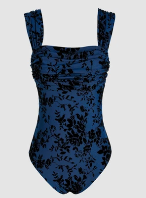 Body flocado de terciopelo azul negro manga gorra acanalada floral croqueta de sidra M Foto 1 de 4