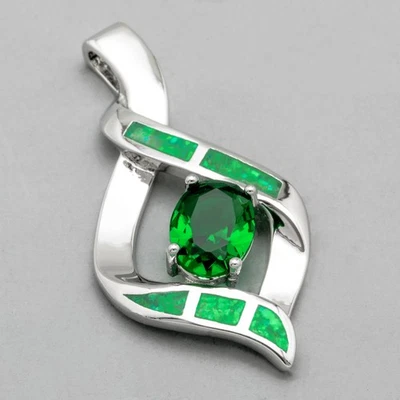 Ожерелье кулон ювелирное заполненное серебром имитация изумрудно-зеленого огненного опала 6x8 - Изображение 1 из 4