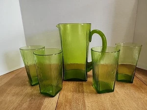 Vtg Ice Tea Set 4 Textured Glasses with Square Bases and Matching Pitcher - Picture 1 of 7