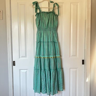 Blue Rain Aqua Teal Gold Tiered Shoulder Tie Smocked Waist Maxi Dress Size L - Image 1 of 4