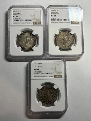 1936 Columbia Commemorative Half Dollars P,D,S Set NGC MS65 - Image 1 of 4