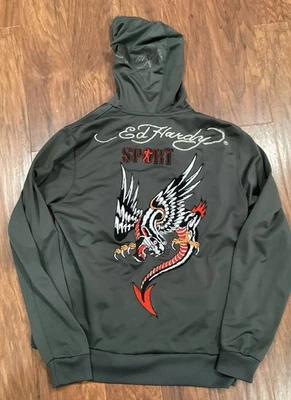Ed Hardy By Christian Audigier 夹克 连帽衫 男式 TIGER ED HARDY 运动 罕见 M — 第 1/4 张图片